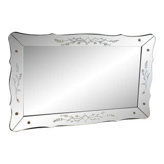 Monumental Art Deco Venetian Scalloped Mirror With Etched Glass Floral Motif, 1950s For Sale