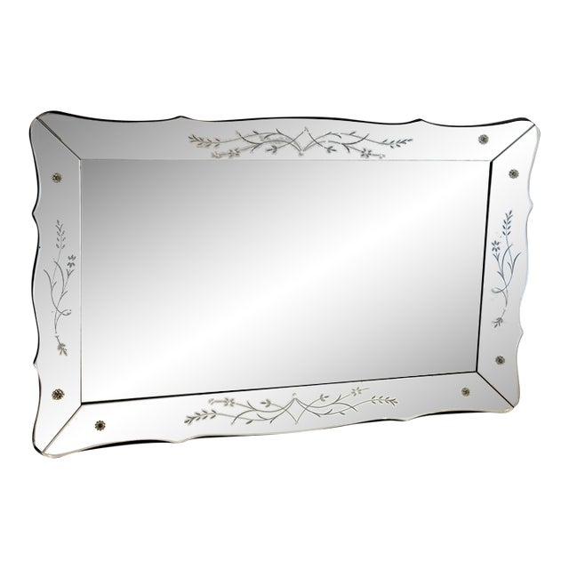 Monumental Art Deco Venetian Scalloped Mirror With Etched Glass Floral Motif, 1950s For Sale