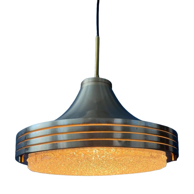 Mid-Century Brushed Aluminium Crystal Glass Pendant Light For Sale