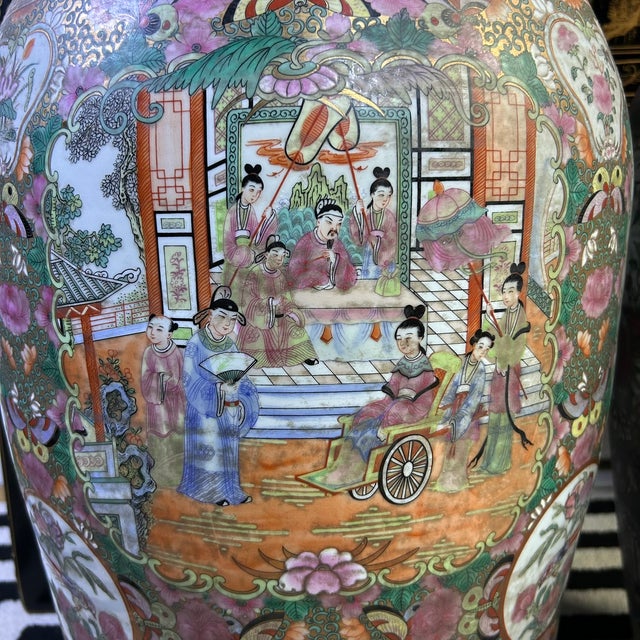 Chinese Famille Rose Floor Vases With Figural Panels and Gilt Dragon Handles, 38" For Sale - Image 11 of 18