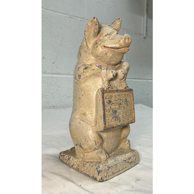 Antique Thrifty Be Wise Metal Pig Hand Painted Cast Metal Coin Still Dime Bank For Sale - Image 4 of 10