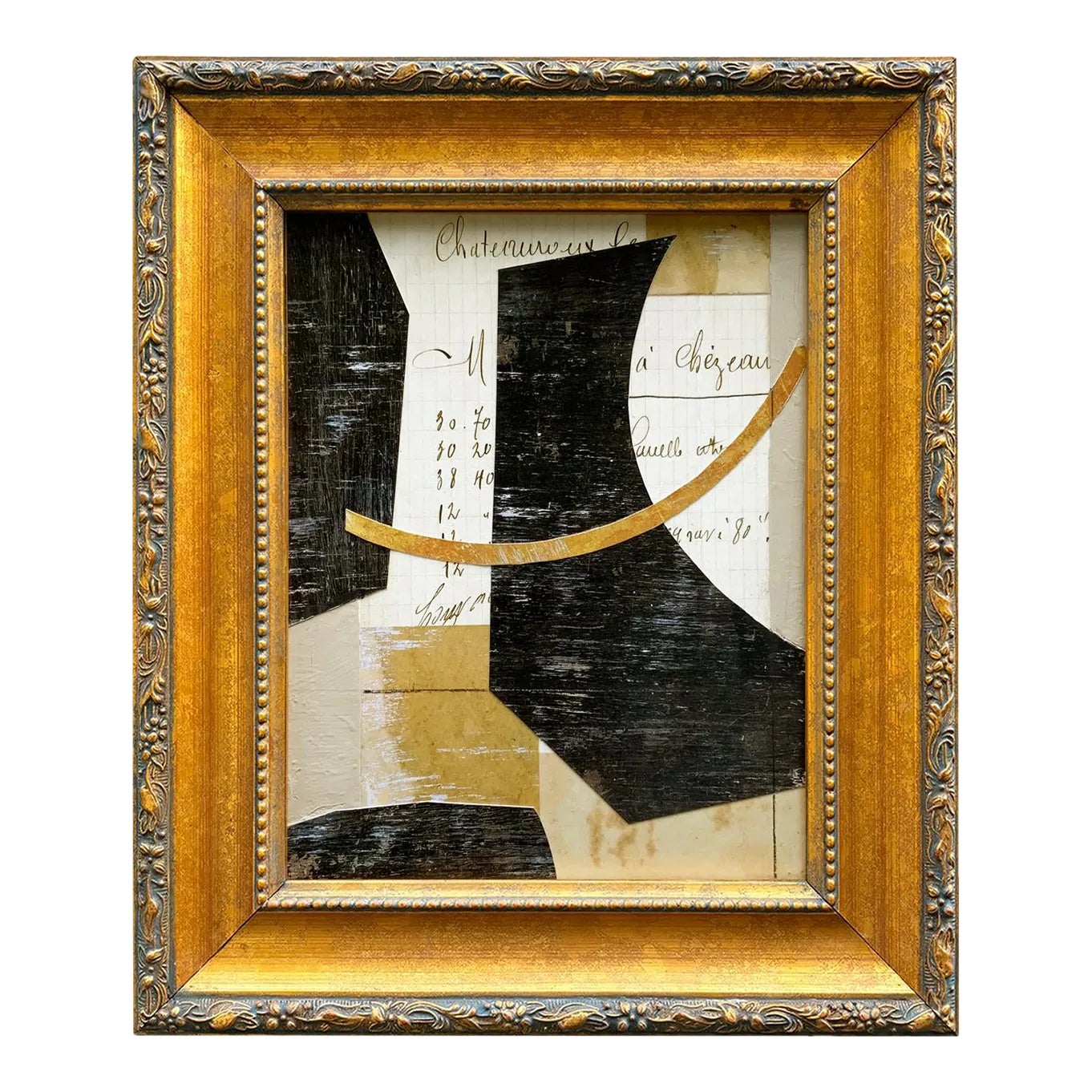 Contemporary Black and White Abstract Collage II in Vintage Gold Frame