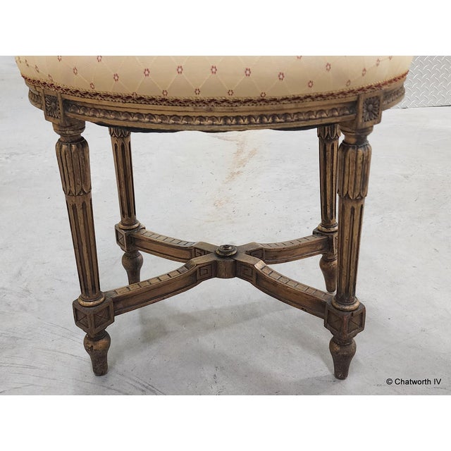 Antique 1930s French Louis XVI Style Oval Upholstered Giltwood Vanity Bench Stool For Sale - Image 4 of 5