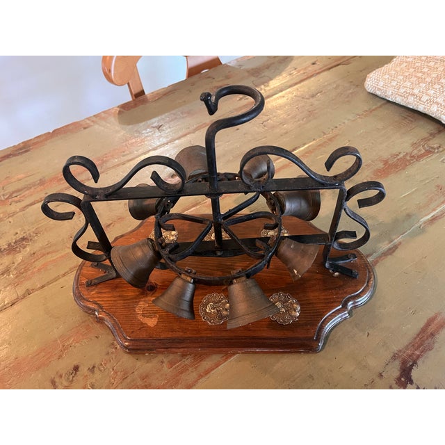 Brass Vintage Wrought Iron & Brass 8-Bell Mechanical Door Bell on Wood Plaque For Sale - Image 8 of 11