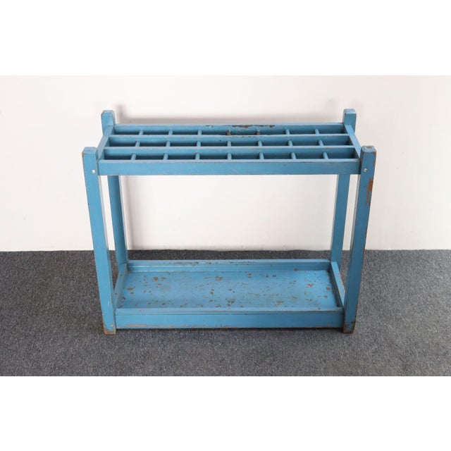 Robin's Egg Blue Primitive American Robin's Egg Blue Painted Wood Umbrella or Cane Stand For Sale - Image 8 of 17