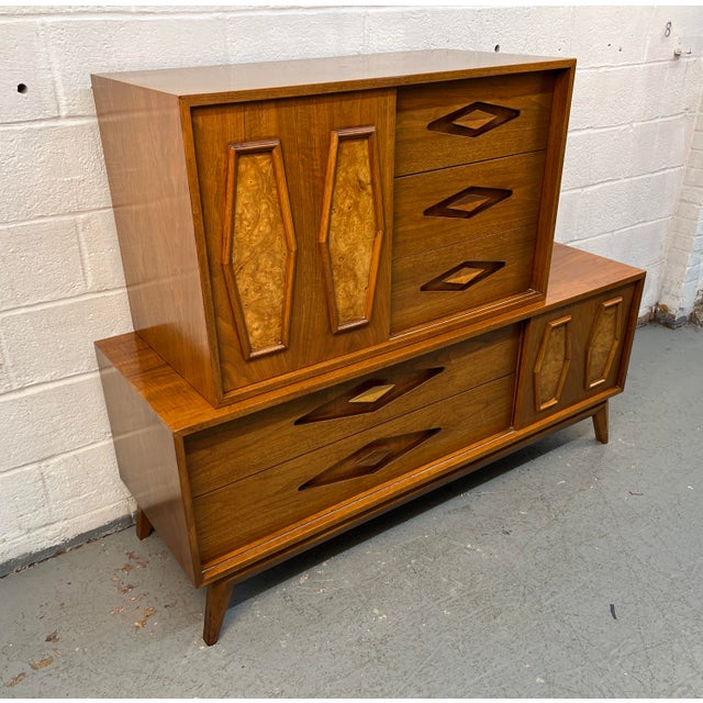 Mid-Century Two Piece Walnut and Burl Diamond Front High-Boy Dresser For Sale - Image 4 of 18