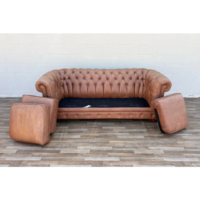 Vintage Distressed Leather Chesterfield Sofa | Made in Canada | Camel Brown | Circa 1990s For Sale - Image 16 of 18