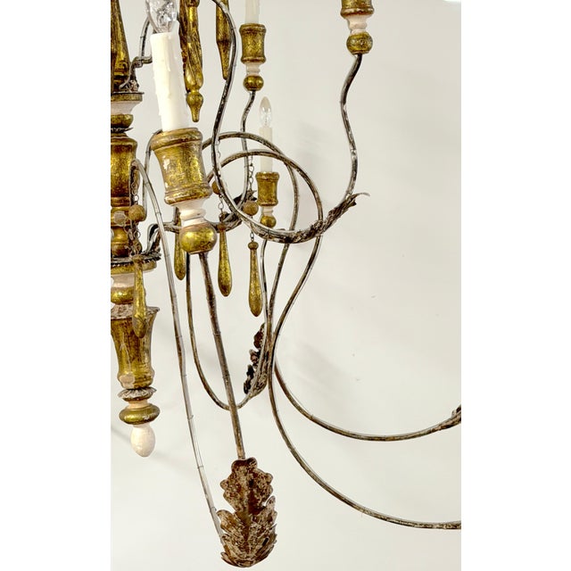 Monumental Swedish Gustavian 12-Light Iron & Parcel GiltWood Chandelier, Rewired For Sale - Image 4 of 12