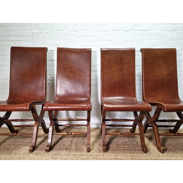 Spanish Dining Chairs in Leather and Oak by Pierre Lottier Valmazan, 1960s, Set of 4 For Sale - Image 12 of 13