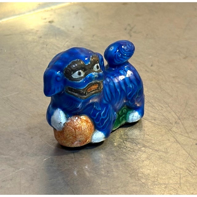 Asian Mini Deep Blue Ceramic/Brass-Base Foo Dog Figurine For Sale - Image 3 of 4