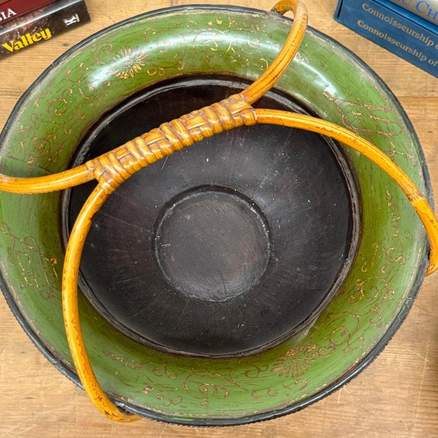Rustic Brown, Green & Yellow Polychrome Basket with Rattan Handle For Sale - Image 3 of 17