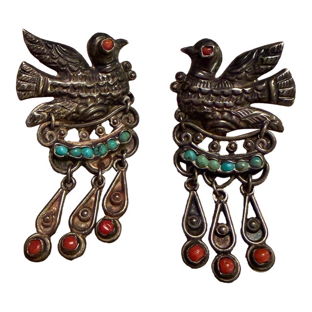 Vintage DoveMexican Sterling Silver Earrings Matilde Poulat Matl Turquoise Coral For Sale