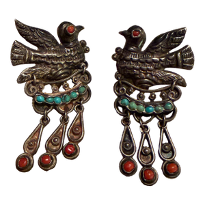 Vintage DoveMexican Sterling Silver Earrings Matilde Poulat Matl Turquoise Coral