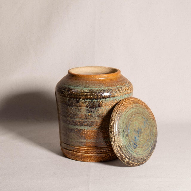 Sienna Late 20th Century Vintage Handmade Studio Pottery Textured Lidded Stoneware Jar With Mixed Glaze For Sale - Image 8 of 12