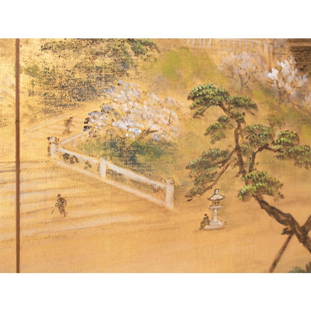 Wood 1950s Showa Era Japanese Painted Byobu Screen "Landscape With Temple" For Sale - Image 7 of 17