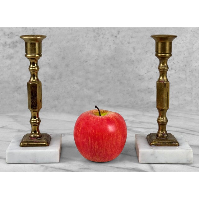 A Pair of Vintage Traditional Brass and Marble Candlestick Holders, c.1970's - Pairs Nicely with Many Traditional &...