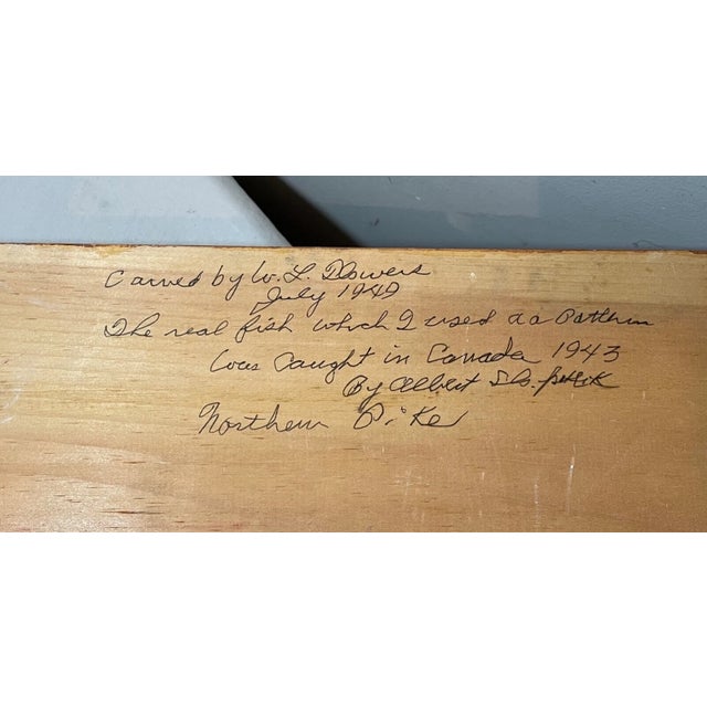 Vintage Carved Wood 1949 Flowers Pike Fish Sculpture Wall Mount Trophy Folk Art For Sale - Image 9 of 13