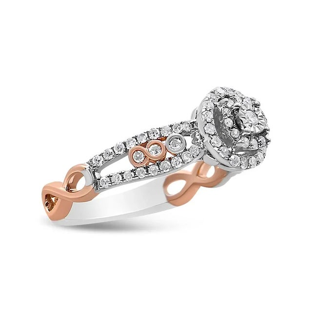 An exquisitely beautiful double frame split shank engagement ring in 14k rose gold plated .925 sterling silver, this piece...