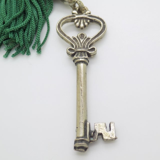 Vintage Italian Handmade Genuine Silver Life Size Secret Drawer Key W/T Green Tassel For Sale - Image 4 of 11