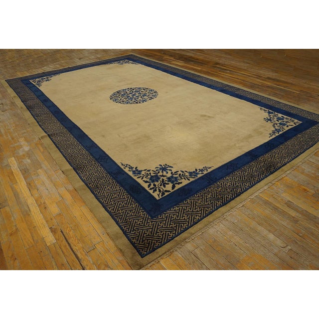 1900s Beige Field Open Field Medallion Classic Deco Antique Chinese Peking Rug For Sale - Image 4 of 12