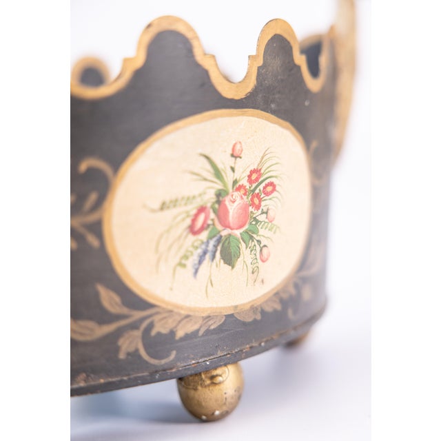 Antique Neoclassical French Tole Black and Gilt Cache Pot Jardiniere For Sale - Image 9 of 10
