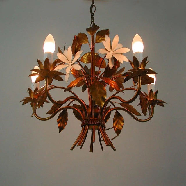 Metal Mid-Century 5-Light Gilt Leaf & White Blossom Chandelier by Hans Kögl, 1970s For Sale - Image 7 of 18