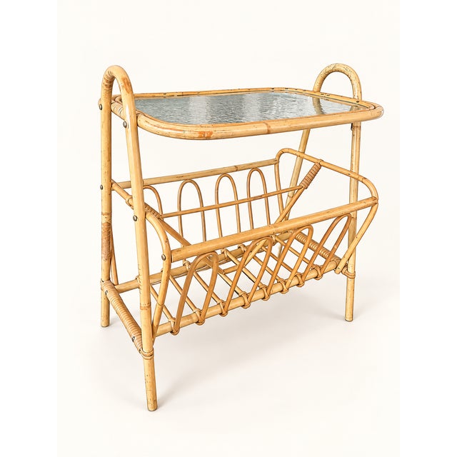 Vintage Scandinavian Rattan Side Table with Magazine Rack and Glass Top, 1960s For Sale - Image 8 of 10