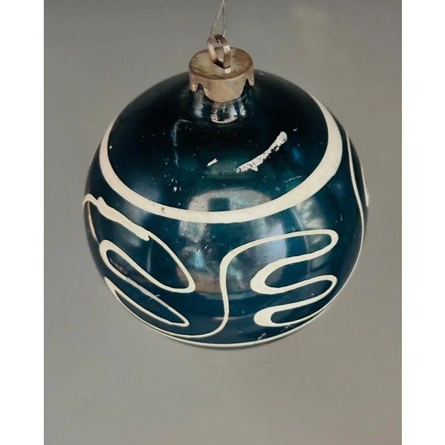 Mid-Century Modern 1950's Glass Blue Round Ornament Hand Painted For Sale - Image 3 of 3