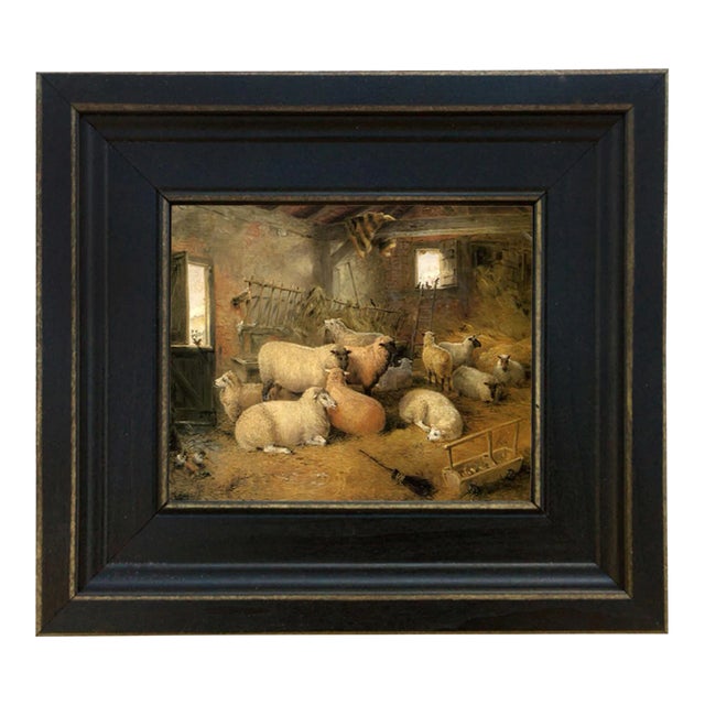 Sheep in the Barn Framed Oil Painting Reproduction Print on Canvas - 5" X 6" For Sale