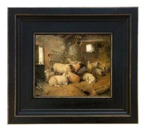 Sheep in the Barn Framed Oil Painting Reproduction Print on Canvas - 5" X 6"