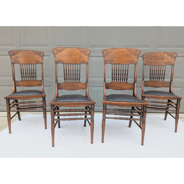 Antique American Victorian Oak Chairs Leather Seats Spindle Back For Sale In Raleigh - Image 6 of 18
