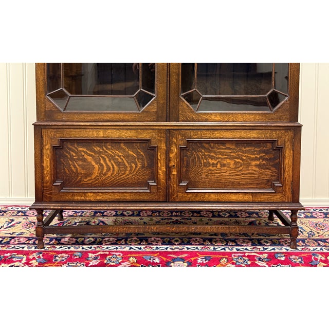 Brown Antique English Jacobean Bookcase Cabinet Double Door Wavy Glass Tiger Oak 1930s For Sale - Image 8 of 18