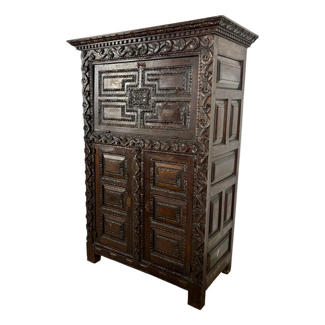 Antique Baroque Oak Fall-Front Cabinet with Deep Carved Decoration, 1880 For Sale
