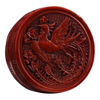 Chinoiserie Round Lacquer Trinket Box, Phoenix Bird Relief Carving, Curio Cabinet Decor For Sale