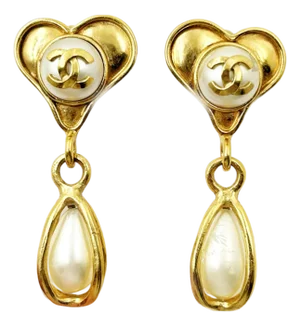 Chanel Vintage Gold Plated CC Heart Pearl Tear Drop Dangle Clip on Large Earrings