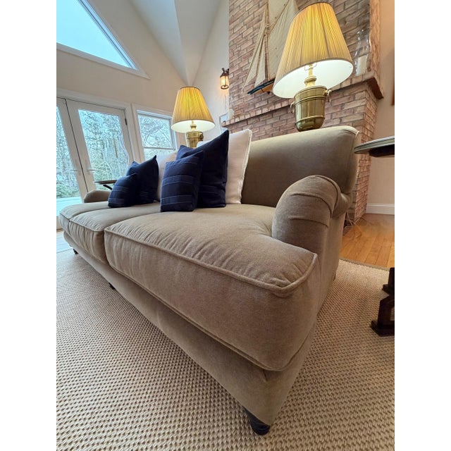 Custom Classic Roll Arm 3 Seat Sofa Upholstered in Velvet by Restoration Hardware, Attributed to George Smith For Sale - Image 9 of 18