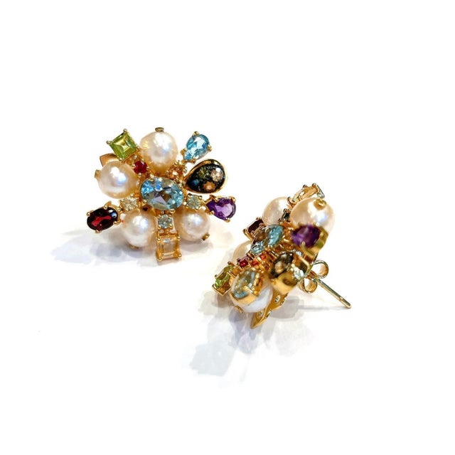 Gemstone Bochic "Orient" Vintage Retro Multi Gem Burst Earrings Set 18K Gold & Silver For Sale - Image 7 of 18