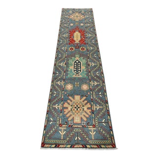 Kazak Runner 2’7” X 9’9” Blue Wool Tribal Hand-Knotted Oriental Rug For Sale