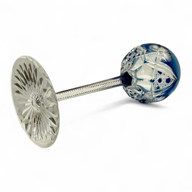 A set of 3 vintage cut to clear Bohemian wine hocks. 2 in blue, 1 in green. All three are unsigned. Age is estimated to be...