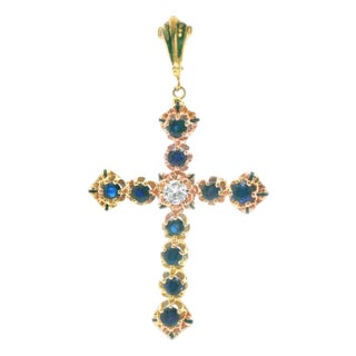1980s 14k Yellow Gold Sapphire & Diamond Cross Pendant For Sale
