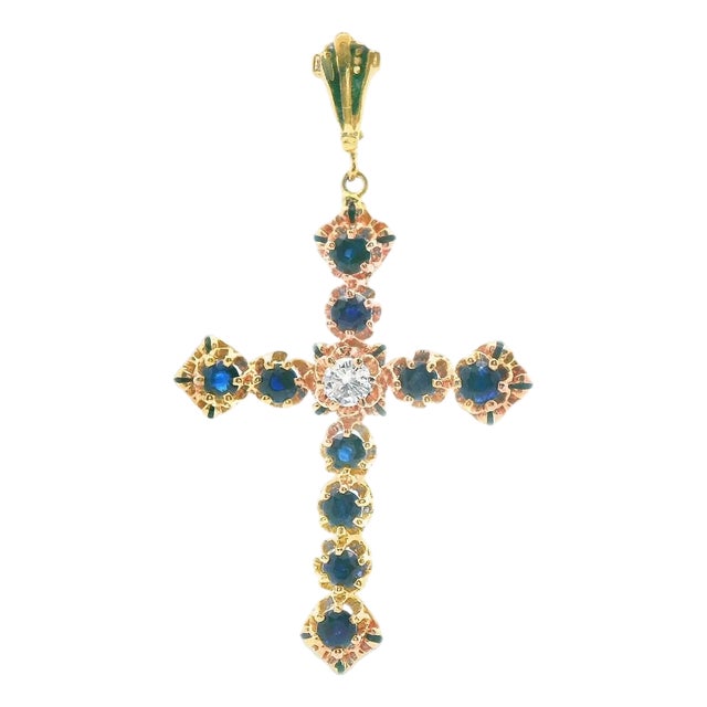 1980s 14k Yellow Gold Sapphire & Diamond Cross Pendant For Sale