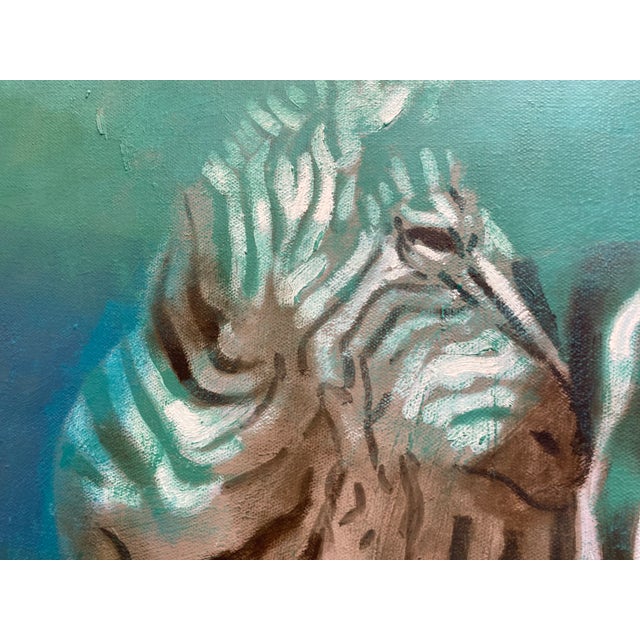 1990s Zebras Nocturnal Expressionism Oil Painting For Sale - Image 4 of 4