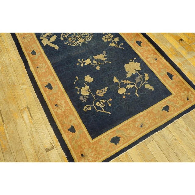 Chinese Small 1920s Navy Field Floral Deco Art Antique Chinese Peking Rug 3'2'' X 6'2' For Sale - Image 3 of 10