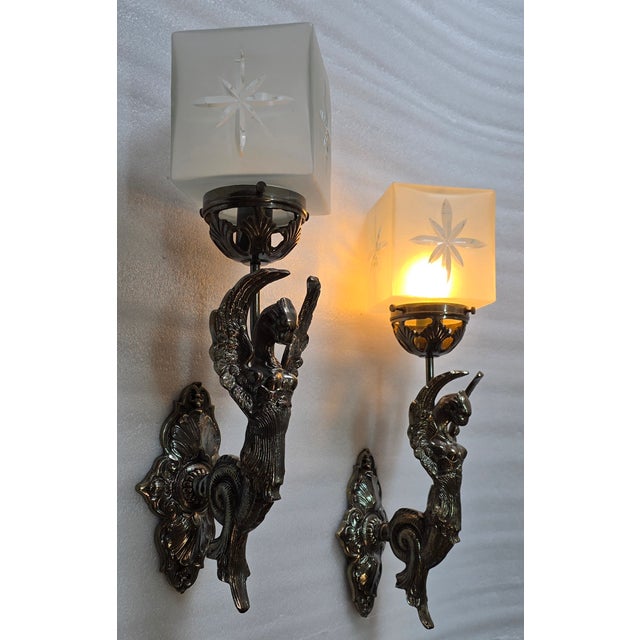 Pair Vintage Art Nouveau Deco light Old Lamp Lion Mermaid Wall Sconces Fixture Brass & Star Glass Shade Light Lamp...