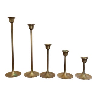 Mid-Century Modern Brass Tulip Graduated Candlestick Holders - Set of 5 For Sale