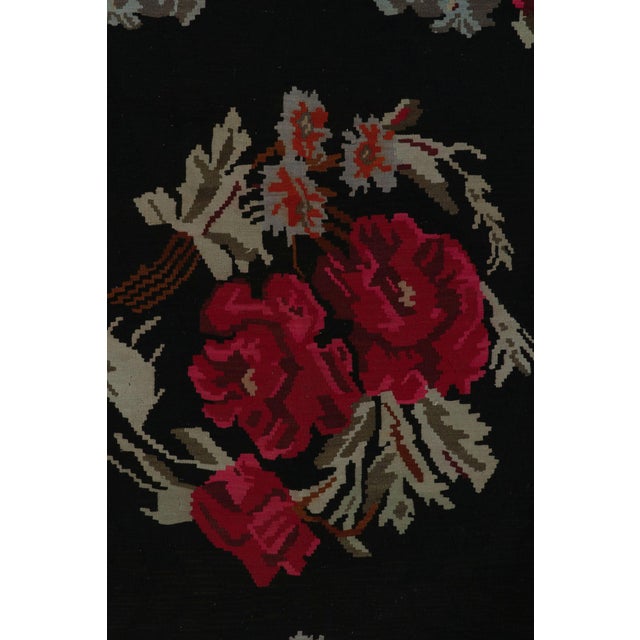 Mid Century Bessarabian Kilim Rug Vintage Black Red Floral Pattern Flat Weave For Sale In New York - Image 6 of 9