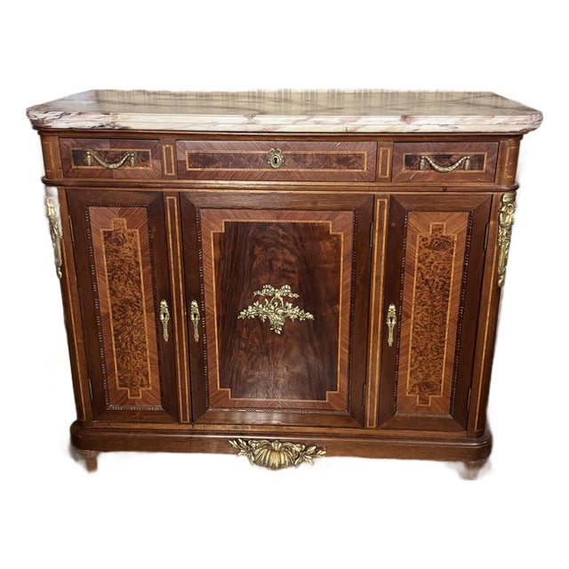 Mid 20th Century Louis XVI Style Mahogany & Burl Side Cabinet With Marble Top For Sale