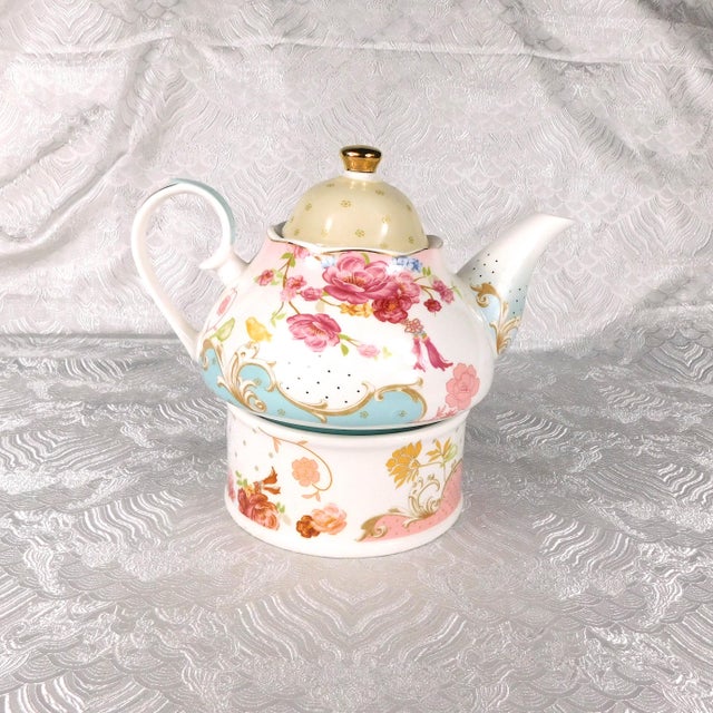 This is a teapot, lid and warming stand by Grace’s Teaware in Pink Rose Dots from 2018. But there are a couple problems...