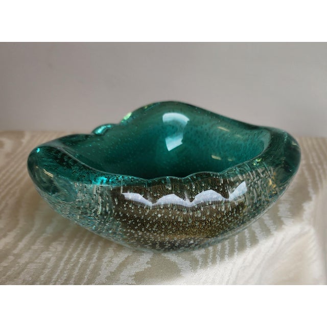 Glass Alfredo Barbini Style Murano Teal Green Gold Flecks Italian Bullicante Art Glass Mid Century Dish Bowl For Sale - Image 7 of 12