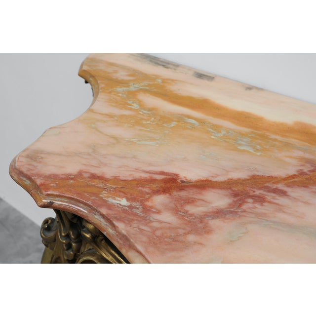 Louis XV Rococo Style Carved Gilt Console Table with Rose Marble Top, Italy, 1950s For Sale - Image 10 of 16